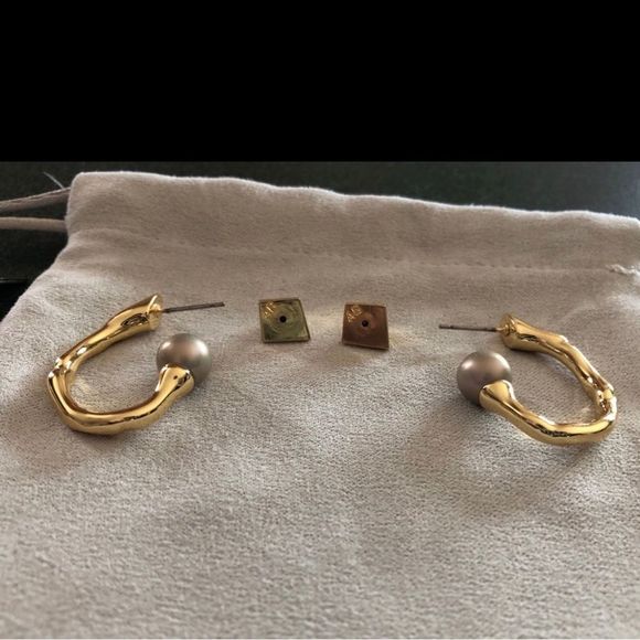 ALEXIS BITTAR Pearl Capped Twisted Gold Open Hoop Post Earrings - MSRP $195 - Picture 8 of 14